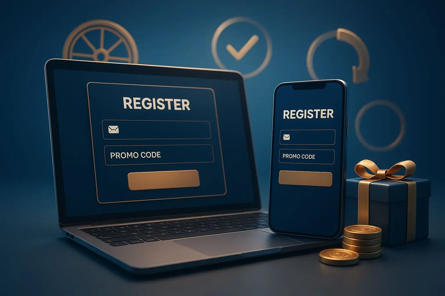 Banner s registrační scénou a zvýrazněným polem pro bonusový kód
