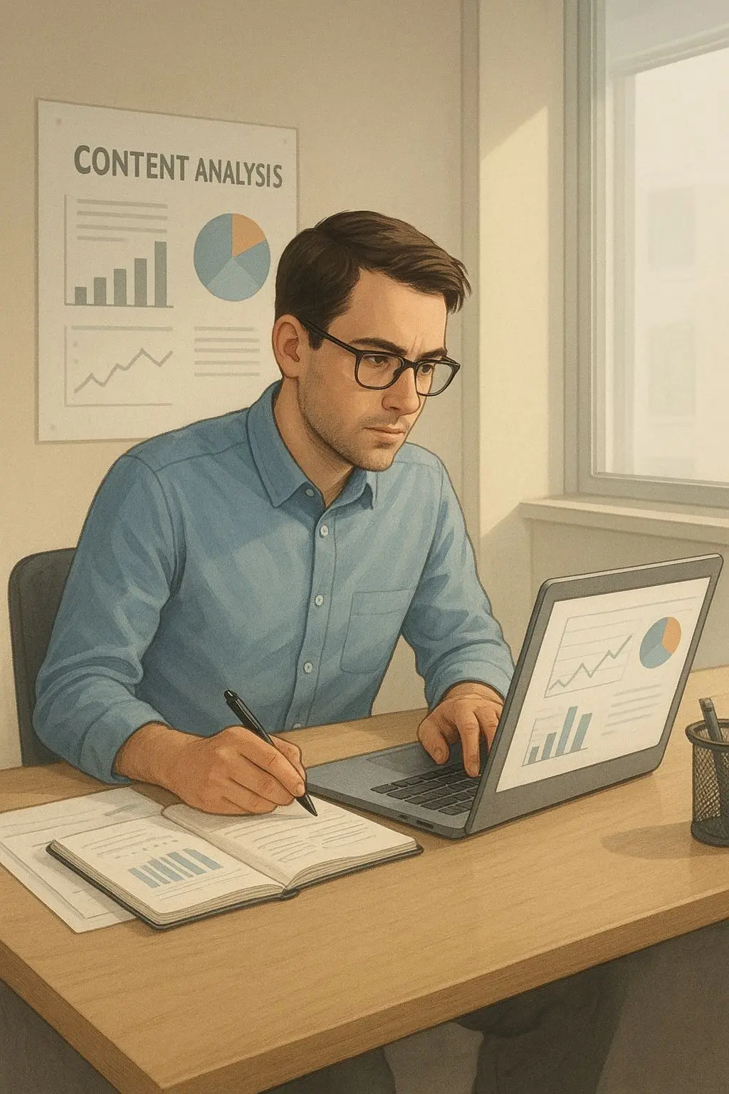 Ilustrační portrét analytika připravujícího obsah o loteriích