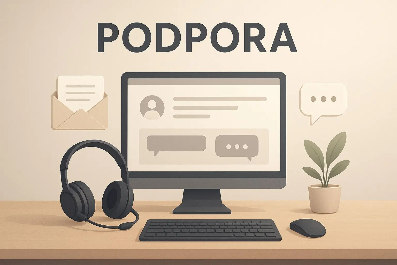 Ilustrace zákaznické podpory s headsetem, e-mailem a chatem