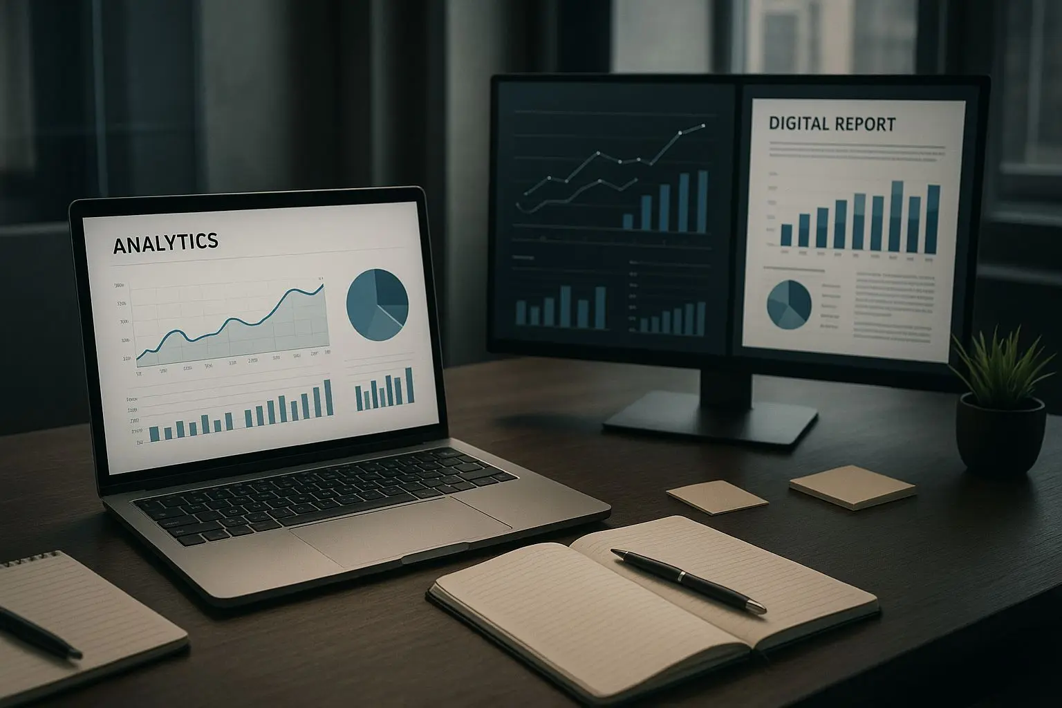 Pracovní stůl analytika s daty a přehledem bonusových nabídek