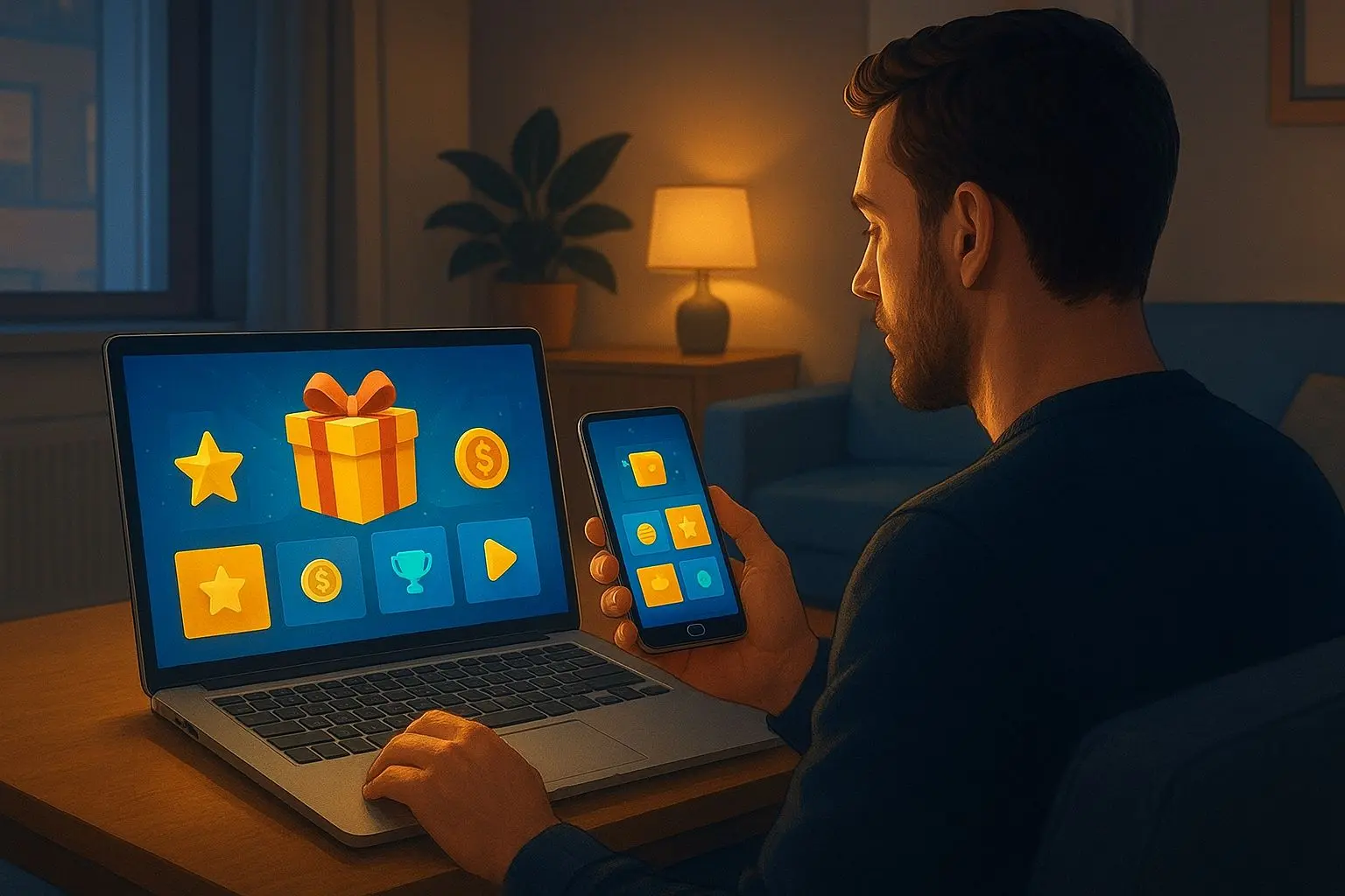 Hráč sleduje na notebooku a mobilu nabídku bonusu bez vkladu
