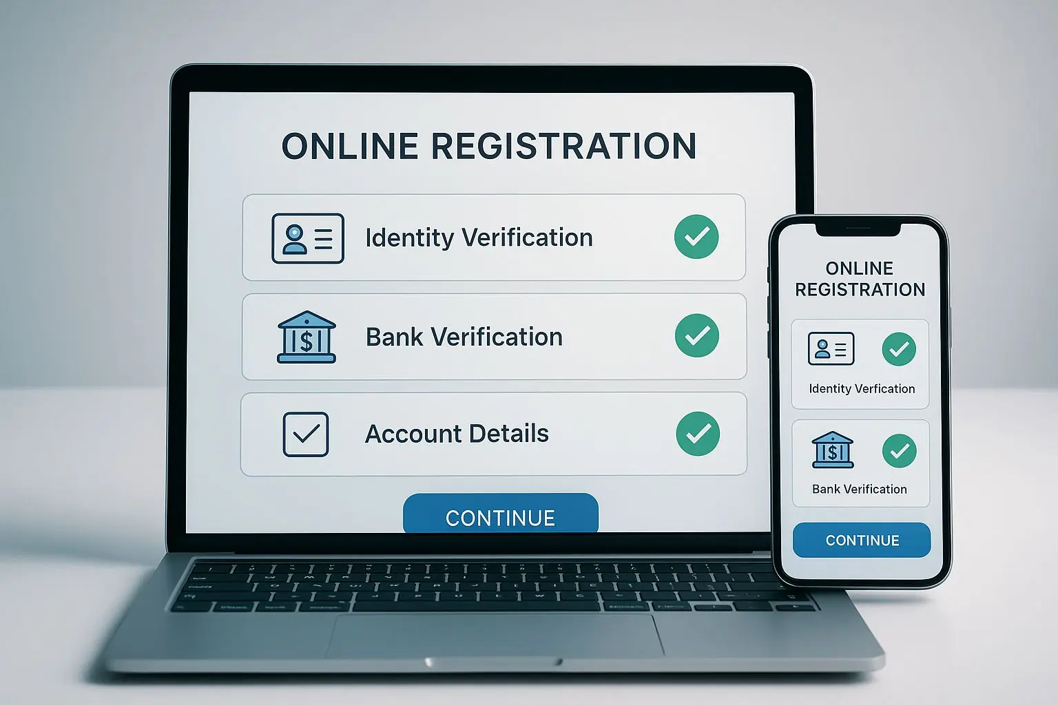 Mockup registrace a ověření účtu na notebooku a mobilu