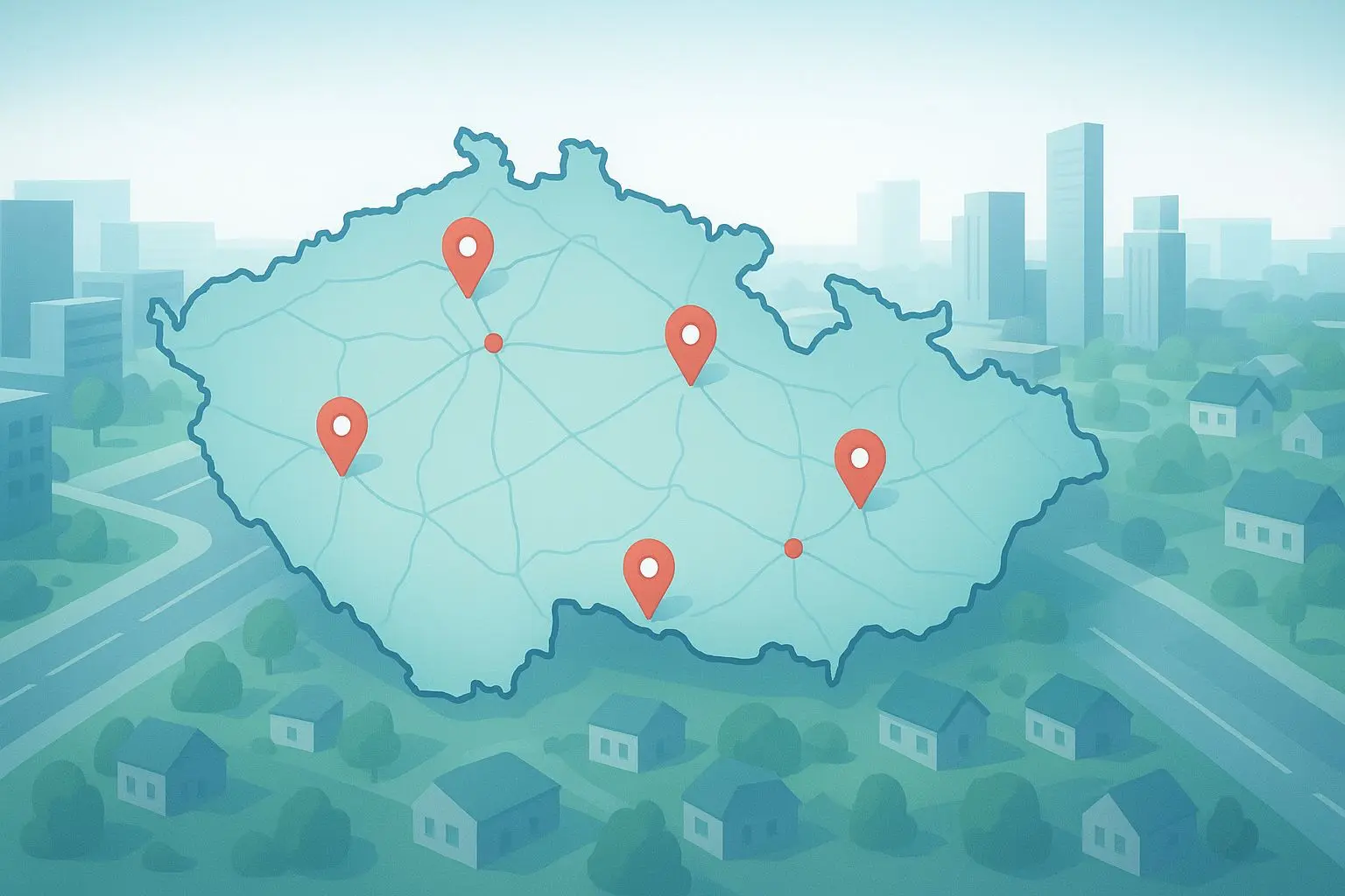 Schematická mapa Česka s vyznačenými body terminálů BetX