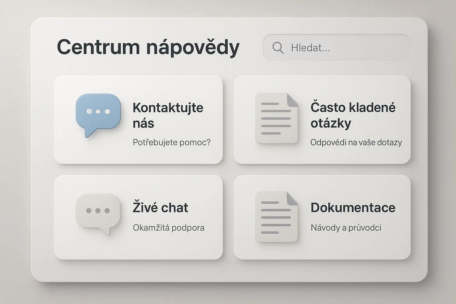 Centrum nápovědy a zákaznické podpory s ikonami dokumentů