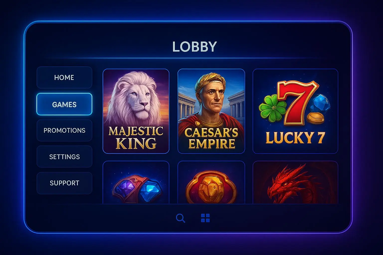 Lobby BetX Vegas Ilustrační lobby rozhraní Vegas sekce s automaty