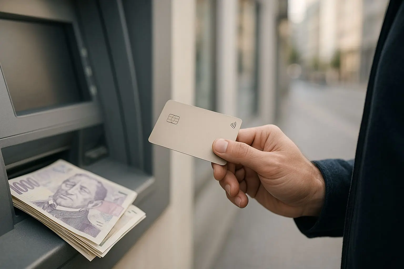 Hráč drží platební kartu před bankomatem s českými bankovkami v pozadí
